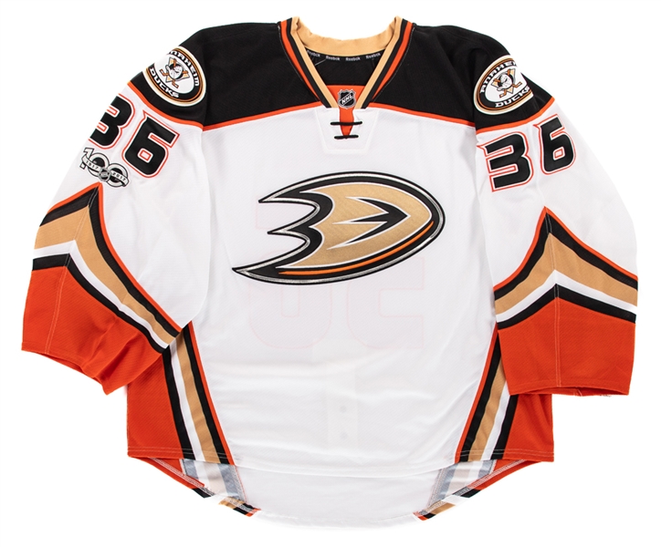John Gibsons 2016-17 Anaheim Ducks Signed Pro-Stock Jersey with LOA - NHL Centennial Patch! 