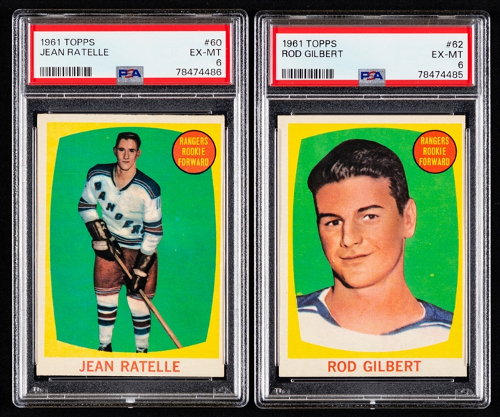 1961-62 Topps PSA-Graded Cards of HOFers #60 Jean Ratelle Rookie (EX-MT 6) and #62 Rod Gilbert Rookie (EX-MT 6)
