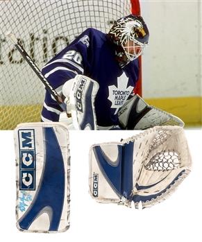 Ed Belfours 2002-03 Toronto Maple Leafs Signed CCM Heaton 10 Pre-Season Game-Used Blocker and Glove From His Personal Collection with His Signed LOA - Photo-Matched!