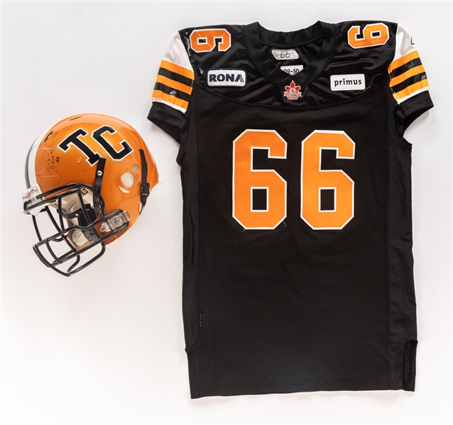 Alexandre Gauthiers 2009 Hamilton Tiger-Cats Signed Game-Worn Throwback Jersey and "TC" Helmet 