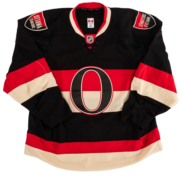 Marc Methots 2015-16 Ottawa Senators "Heritage" Game-Worn Third Jersey with Team COA - Team Repairs!