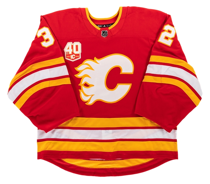 Jon Gillies 2019-20 Calgary Flames Game-Issued Retro Jersey with Team LOA