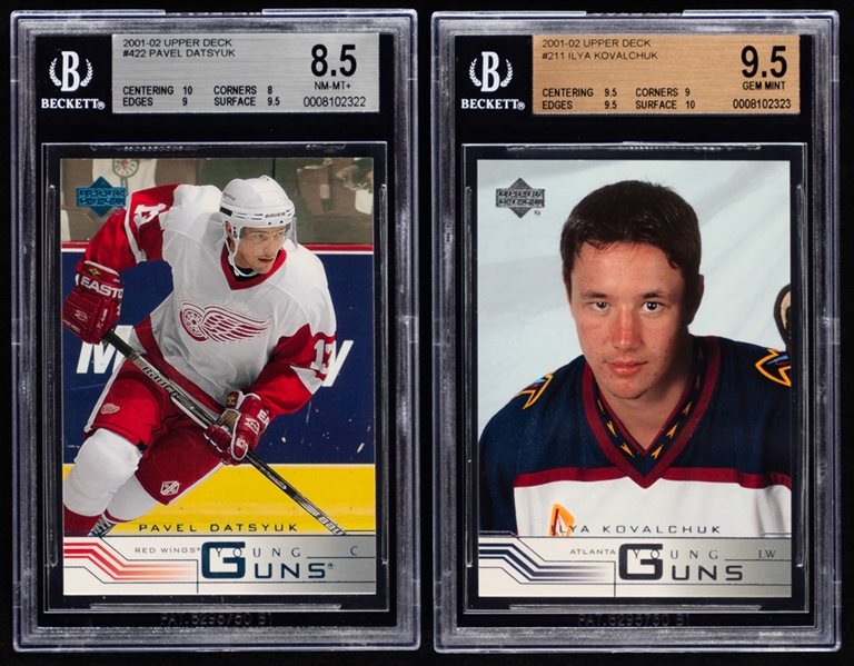 2001-02 Upper Deck Young Guns Complete Hockey Card Set Including Beckett-Graded #211 Ilya Kovalchuk Rookie (Gem Mint 9.5) and #422 Pavel Datsyuk Rookie (NM-MT+ 8.5)