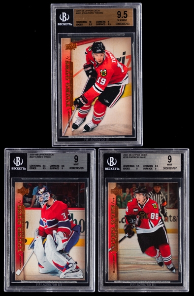 2007-08 Upper Deck Young Guns Complete Hockey Card Set Including Beckett-Graded #210 Patrick Kane Rookie (Mint 9), #227 Carey Price Rookie (Mint 9) and #462 Jonathan Toews Rookie (Gem Mint 9.5)