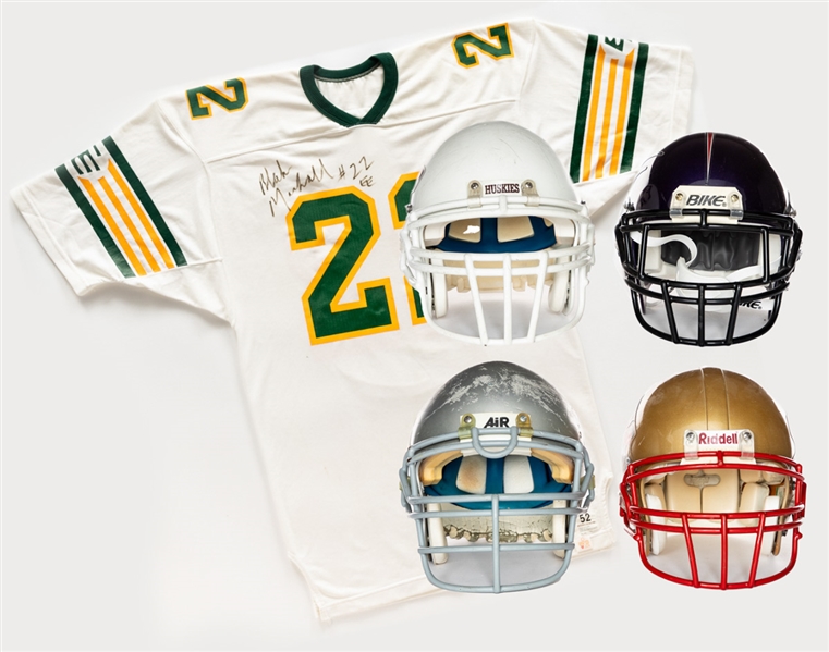 Football Helmet Collection of 4 including AFL Detroit Fury and Laval University Rouge et Or Plus Blake Marshall Signed Edmonton Eskimos Vintage Jersey 