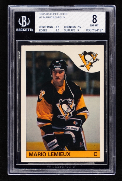 1985-86 O-Pee-Chee Hockey Card #9 HOFer Mario Lemieux Rookie - Graded Beckett NM-MT 8