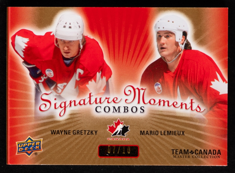 2015-16 Upper Deck Team Canada Master Collection Signature Moments Combos Hockey Card #SMC-LG Wayne Gretzky / Mario Lemieux (7/10) - 1987 Canada Cup!