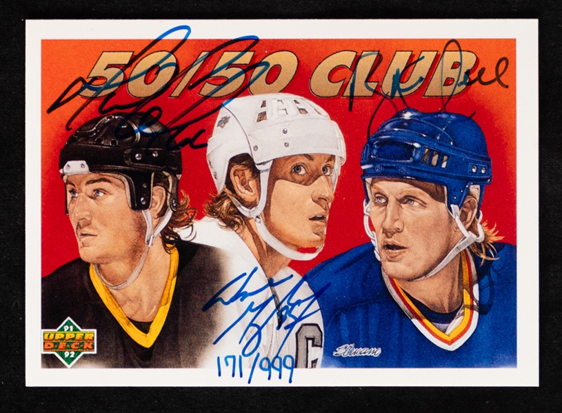 1991-92 Upper Deck Limited-Edition Triple-Signed Hockey Card #45 The 50/50 Club Signed by HOFers Wayne Gretzky, Mario Lemieux and Brett Hull (#171/999)