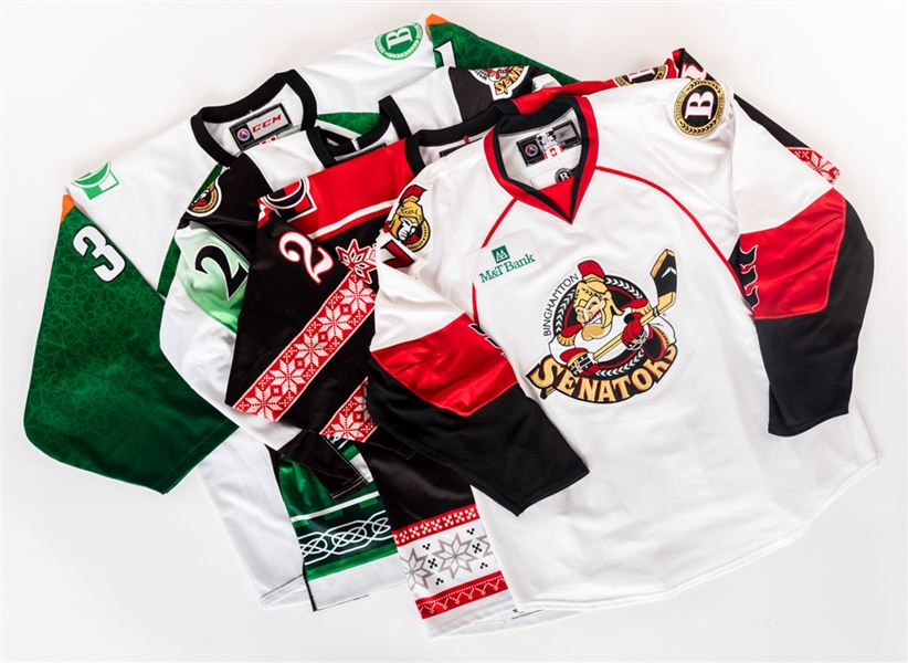 AHL Binghamton Senators 2007-2016 Game-Used/Game-Issued Signed and Unsigned Jersey Collection of 4