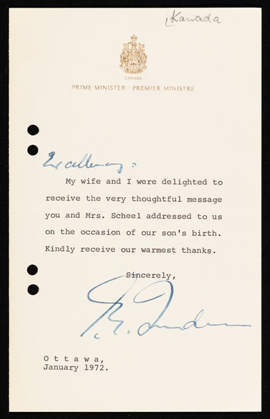 Pierre Trudeau (15th Prime Minister of Canada) Signed 1972 Letter to German Politician Walter Scheel (Later President of Germany) Thanking Him for Wishes for Birth of Son Justin Trudeau