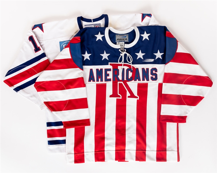Dylan Hunters 2006-07 AHL Rochester Americans Game-Worn Jersey with LOA Plus Rochester Americans Mid-to-Late-1990s Pro On-Ice Style "Stars and Stripes" Authentic Jersey