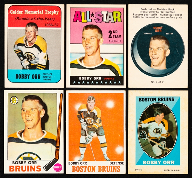 1967-68 to 1977-78 HOFer Bobby Orr Topps Hockey Cards (32) Plus 1968-69 to 1976-77 OPC/Topps Other Cards/Inserts (9)
