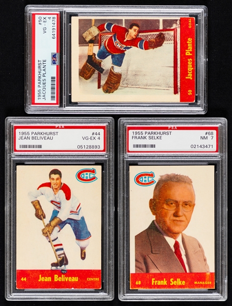 1955-56 Parkhurst Hockey Complete 79-Card Set with PSA-Graded Cards (3) Inc. HOFers #50 Jacques Plante Rookie (VG-EX 4) and #44 Jean Beliveau (VG-EX 4)