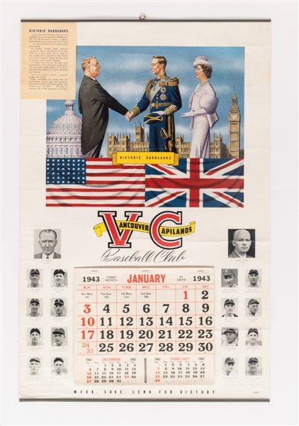 Rare 1943 Vancouver Capilanos Baseball Team Calendar with Franklin D. Roosevelt, King George VI and Queen Elizabeth (18" x 28")