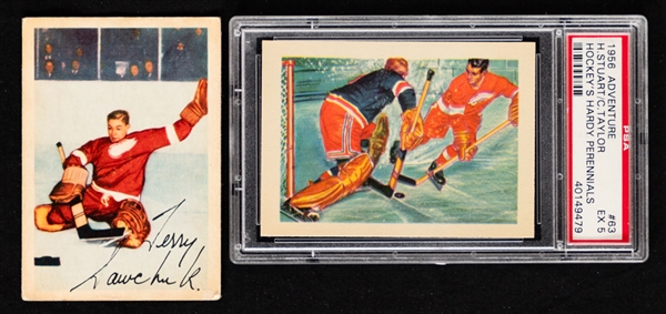 1953-54 Parkhurst Hockey Card #46 HOFer Terry Sawchuk and 1956 Adventure Hockey Card #63 HOFer Gordie Howe (Graded PSA 5)