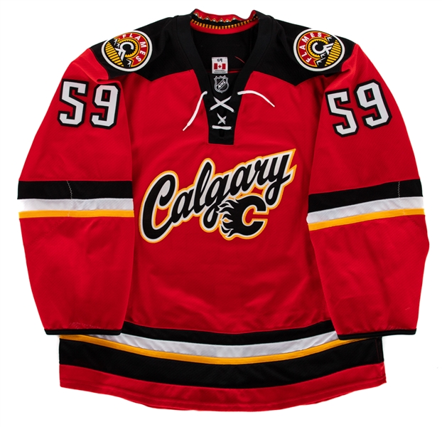 Max Reinharts 2013-14 Calgary Flames Game-Worn Third Jersey with Team LOA