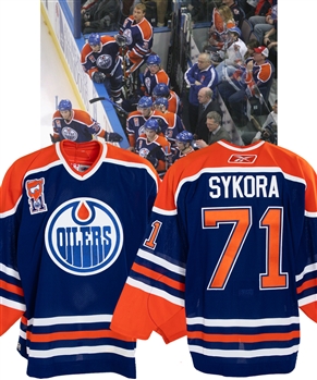 Petr Sykoras 2006-07 Edmonton Oilers "Mark Messier Night" Game-Worn First and Second Periods Retro Jersey with LOA - Mark Messier Patch!