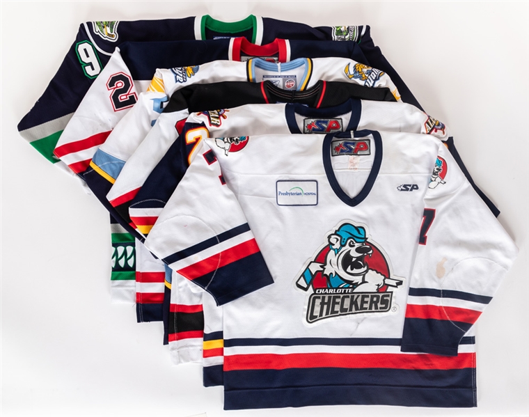 ECHL 2003 to 2011 Game-Worn Jersey Collection of 6 Including Toledo, Peoria, Charlotte, Mississippi, Trenton and Florida - Most with LOAs!