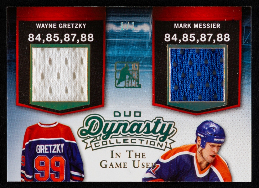 2015 Leaf In The Game Used Dynasty Collection Duo Prismatic Gold Dual-Jersey Hockey Card #DCD-01 Wayne Gretzky / Mark Messier (1/1)