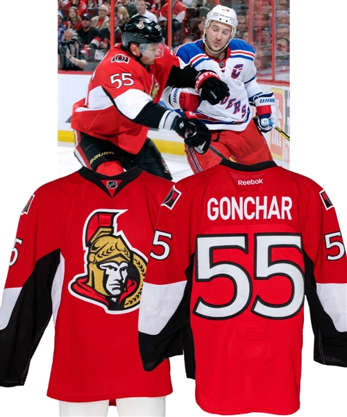 Sergei Gonchars 2011-12 Ottawa Senators Game-Worn Playoff Jersey with Team COA - Team Repairs! - Photo-Matched!