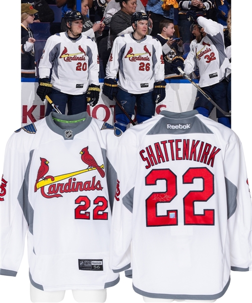 Kevin Shattenkirks 2014-14 St. Louis Blues "Cardinals Night" Twice-Signed Warm-Up Worn Jersey with Blues 14 Fund COA