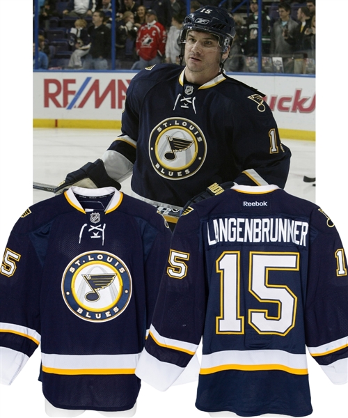 Jamie Langenbrunners 2011-12 St Louis Blues Game-Worn Third Jersey with Team COA - Photo-Matched!