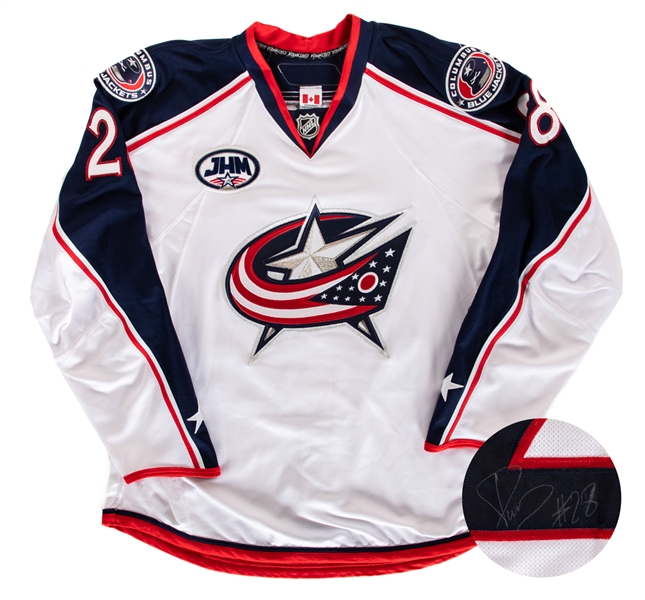 Nikita Filatov’s 2008-09 Columbus Blue Jackets Signed Game-Worn Jersey with Team COA - JHM Memorial Patch! - Team Repairs!