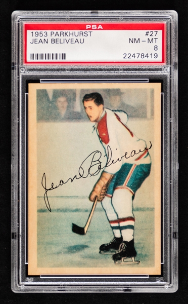 1953-54 Parkhurst Hockey Card #27 HOFer Jean Beliveau Rookie - Graded PSA 8