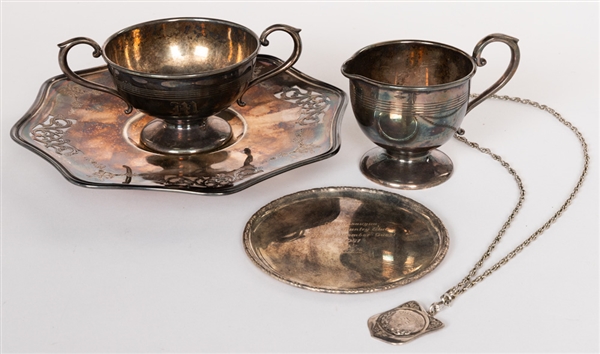 Oshawa Golf Club 1934 Sterling Silver Serving Tray Award, Ladies Open Championship 1925 Medallion and Mississauga Golf & Country Club 1981 75th Anniversary Tray Plus Sterling "M" Pouring Cups (2)