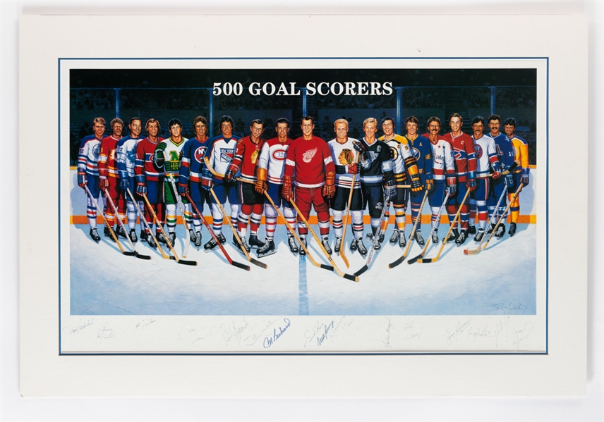 500-Goal Scorers Lithograph Autographed by 17 with Howe, Beliveau, Gretzky and Others with JSA LOA (29" x 43")  
