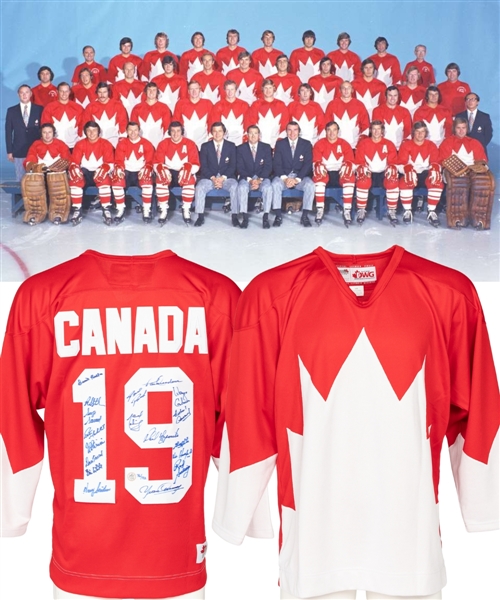 1972 Canada-Russia Series Team Canada Limited-Edition Team-Signed Jersey by 18 with COA (30/72) Including Henderson, Cournoyer, P. Esposito, Savard, Lapointe and Others