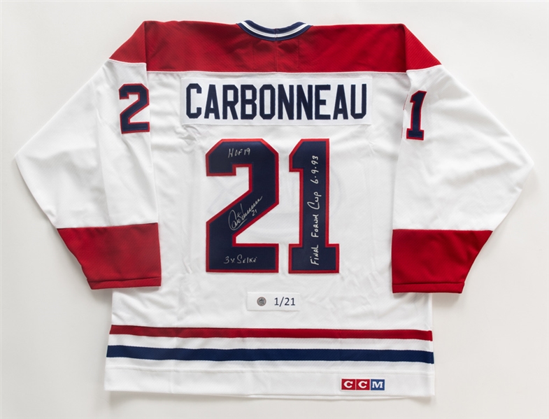 Guy Carbonneau Signed Montreal Canadiens Limited-Edition CCM Vintage Series Captains Jersey (1/21) - AJ Sports Authenticated - Multiple Annotations