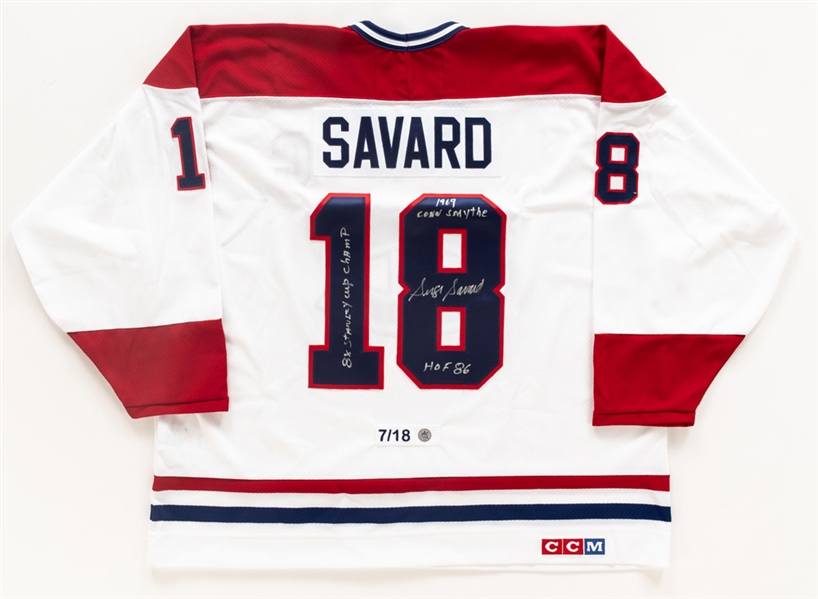 Serge Savard Signed Montreal Canadiens Limited-Edition CCM Vintage Series Career Achievements Captains Jersey (7/18) - Multiple Annotations - AJ Sports Authenticated