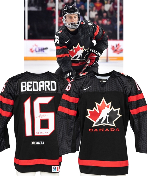 Connor Bedard Signed Team Canada IIHF World Junior Championship Nike Jersey (18/23) with COA - "23 WJC MVP" Annotation