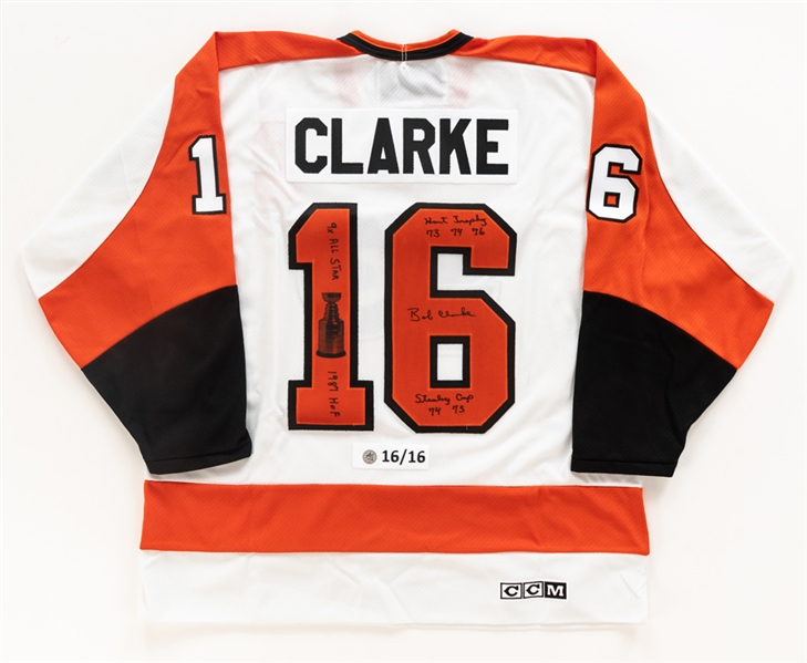 Bobby Clarke Signed Philadelphia Flyers Limited-Edition CCM Vintage Series Captains Jersey (16/16) with COA - Stanley Cup, HOF, All-Star and Hart Trophy Annotations! 