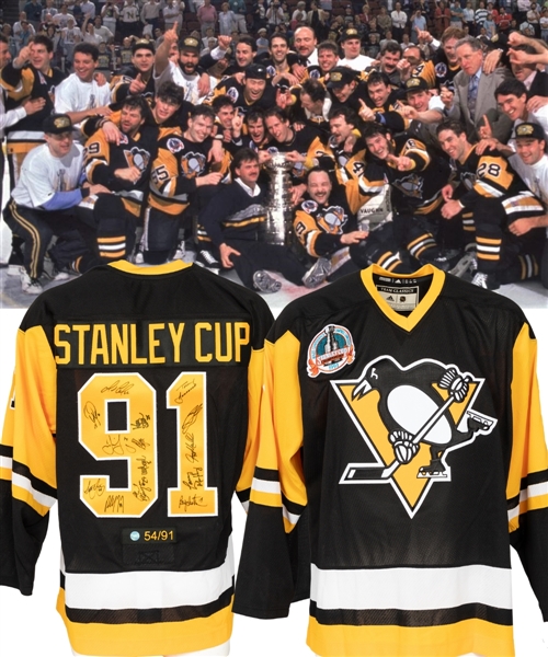 Pittsburgh Penguins 1991 Stanley Cup Champions Multi-Signed Limited-Edition Adidas Team Classics Jersey (54/91) Including Lemieux, Jagr, Francis, and More with AJ Sports World COA 