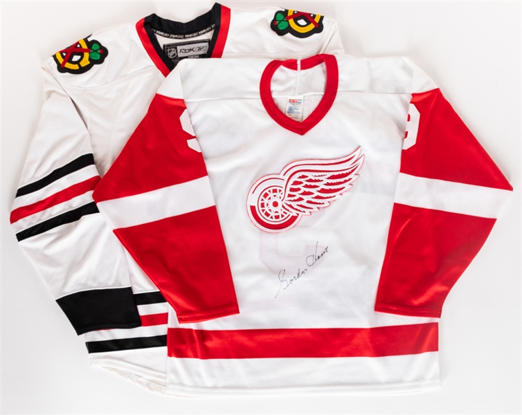 Gordie Howe Detroit Red Wings and Glenn Hall Chicago Black Hawks Signed Jerseys with JSA Auction LOA 