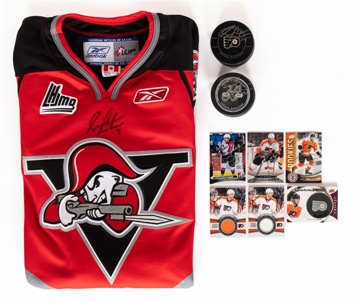 Sean Couturier QMJHL and NHL Signed and Game-Used Memorabilia Collection of 10 Including a Game-Used Stick, Signed Jersey, Cards and Pucks 