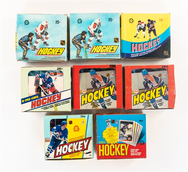 1973-74 to 1991-92 O-Pee-Chee Hockey Empty Wax Boxes (10) Plus Hundreds of Wrappers! - Also Includes Baseball Boxes/Wrappers