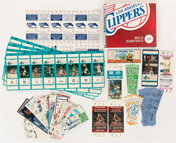 Charlotte Hornets 1988-89 Complete Set of Uncut Ticket Sheets including Feb 22, 1989 Jordan Dunk, LA Clippers 2012-13 Ticket Booklet, 1994 CFL Baltimore Colts Uncut Ticket Sheet and Misc Tickets (85) 