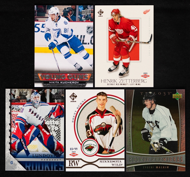 2002-03 to 2013-14 Hockey Rookie Cards (5) Inc. 2013-14 Young Guns #483 Kucherov, 2002-03 Pacific Private Stock Reserve #160 Zetterberg (10/99) and 2005-06 Young Guns #216 Lundqvist