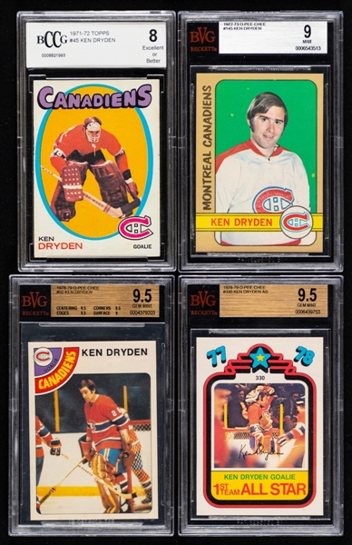 Ken Dryden 1971-72 to 1978-79 O-Pee-Chee and Topps Graded Hockey Card Collection of 4 Including 1971-72 Topps Rookie Card Graded BCCG 8 "Excellent or Better"