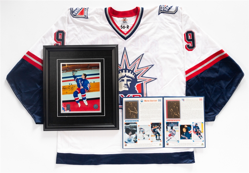 Wayne Gretzky Signed New York Rangers "Final Game" Framed Photo with WGA COA (15 ½” x 17”) Plus Signed Rangers Jersey (WGA Authenticated) and Upper Deck Danbury Mint 22K Gold Rookie and Career Cards