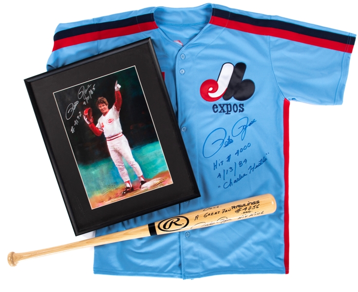 Pete Rose Signed Baseball Memorabilia Collection of 3 Including Montreal Expos Jersey, Rawlings Bat and Framed Reds Print with JSA Auction LOA