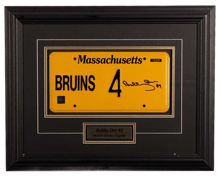 Bobby Orr Memorabilia Collection of 3 Including Signed Famed License Plate Display, Orr and Cherry Dual-Signed Framed Photo Display and Signed 1977-78 OPC Card with JSA Auction LOA