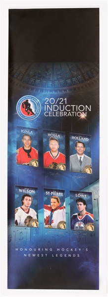 Hockey Hall of Fame 2020-21 Induction Celebration Banner Signed by Inductees Jarome Iginla, Marian Hossa, Ken Holland, Doug Wilson, Kim St-Pierre and Kevin Lowe (36" x 114")