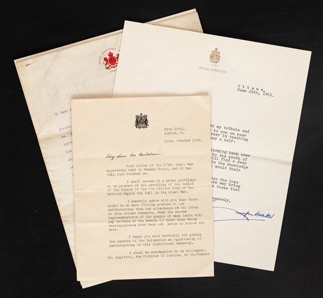 Canadian Prime Ministers Signed Typed Letter Autograph Collection of 3; Wilfrid Laurier, William Lyon Mackenzie King and John Diefenbaker