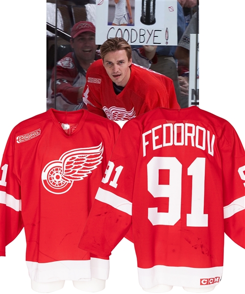 Sergei Fedorovs 1999-2000 Detroit Red Wings Stanley Cup Playoffs Game-Worn Jersey with Team COA and MeiGray COR - 2000 Patch! - Photo-Matched!