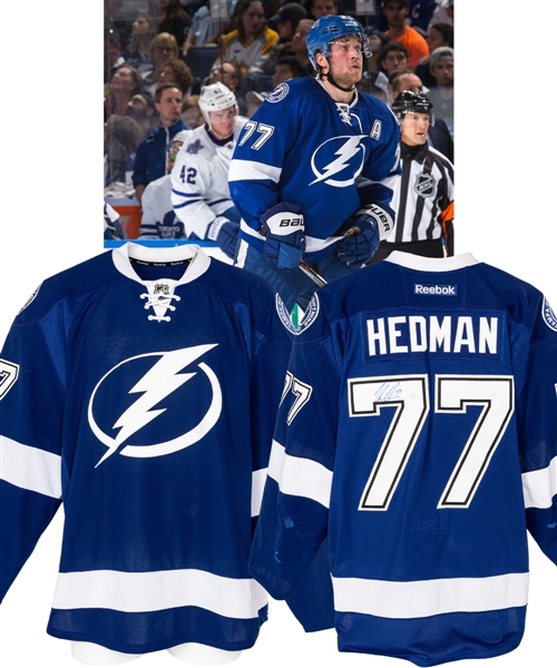 Victor Hedmans 2014-15 Tampa Bay Lightning Signed Game-Worn Jersey with Team COA - Photo-Matched! - Team Repairs!
