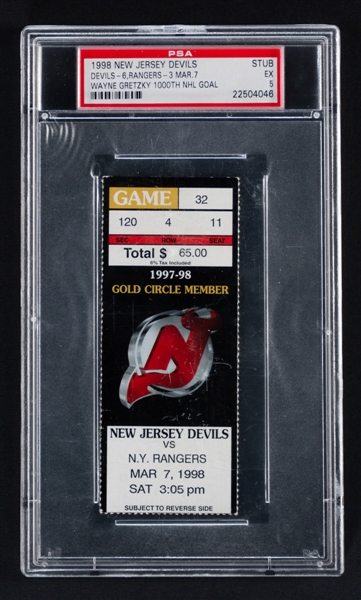 Wayne Gretzky 1997-98 New York Rangers 1,000th Goal Ticket Stub PSA 5